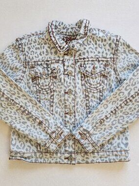 Rose Royce Gray Leopard Print Cropped Denim Jean Jacket Floral Buttons Medium M